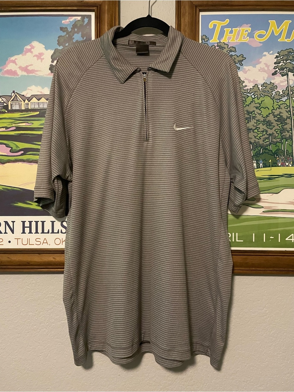 Nike Tiger Woods Golf Polo Shirt Men’s Large Gray Stripe 1/4 Zip TW Vintage